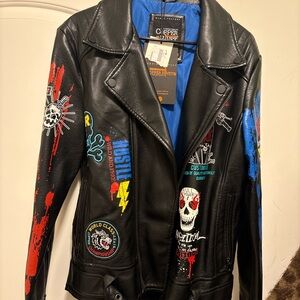 Copper Rivet Men's Black Leather Jacket with Colorful Graphics